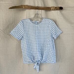 Madewell Blue Quilted Gingham Tie Front Button Back Top